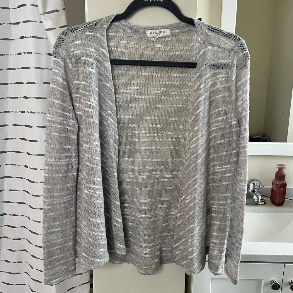 AEROPOSTALE cardigan sweater pullover shawl gray white striped knit long sleeve